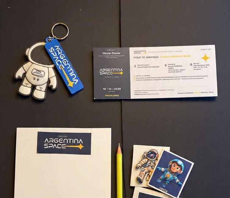 Kit de bienvenida: llavero de astronauta y ticket de embarque de Argentina Space